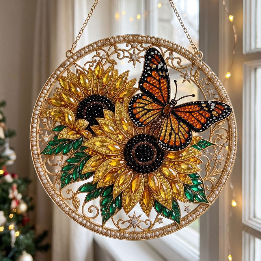 Monarch Butterfly & Sunflower Diamond Art Ornament Kit – Sparkling DIY Floral Window Decor