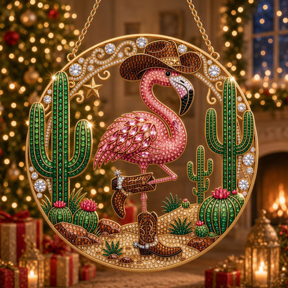 Western Cowgirl Flamingo Diamond Art Hanging Ornament Kit