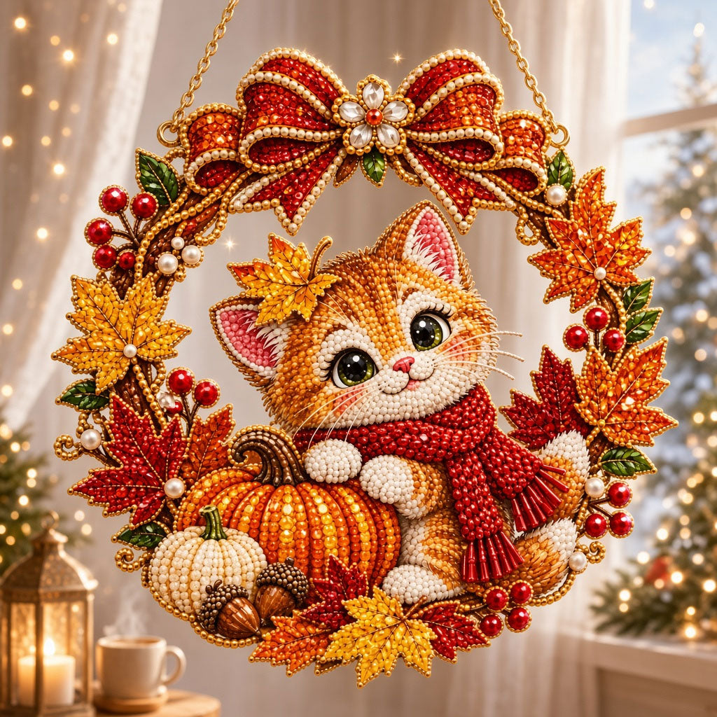 Cozy Pumpkin Kitten Diamond Art Hanging Ornament Kit
