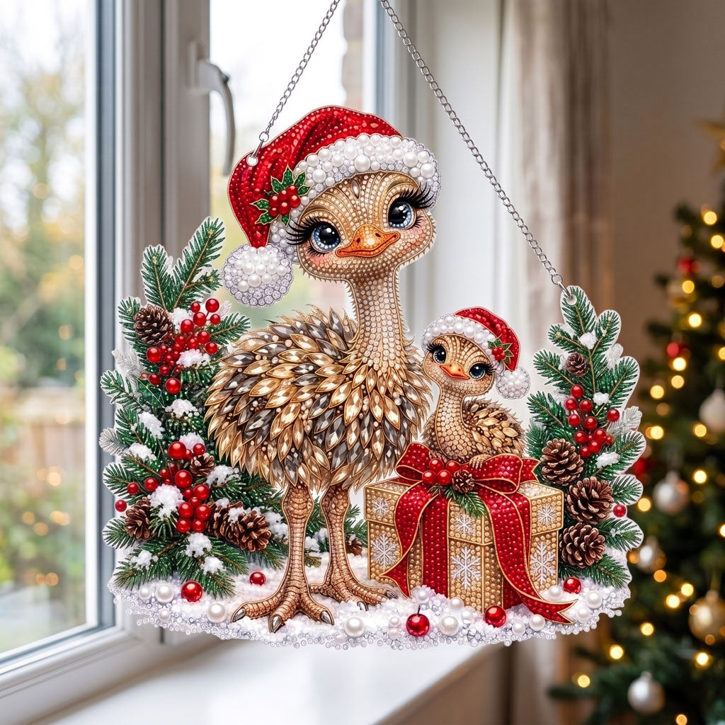 Christmas Ostrich Family Diamond Art Ornament Kit – Sparkling DIY Festive Hanging Decor