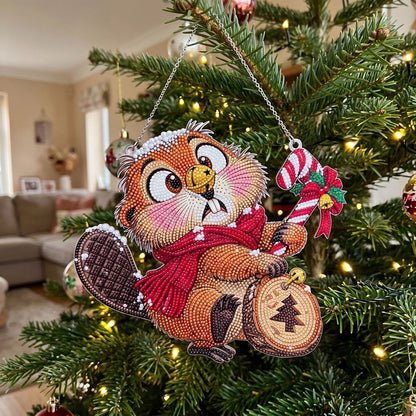 Christmas Beaver Candy Cane Diamond Art Ornament Kit – Sparkling DIY Holiday Hanging Decor