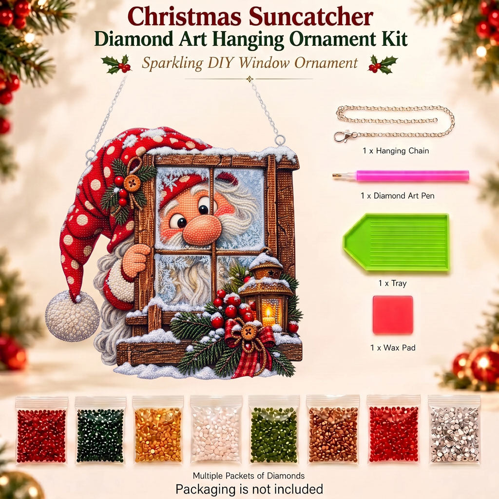 Frosted Window Santa Gnome Diamond Art Ornament Kit – Sparkling DIY Christmas Hanging Decor