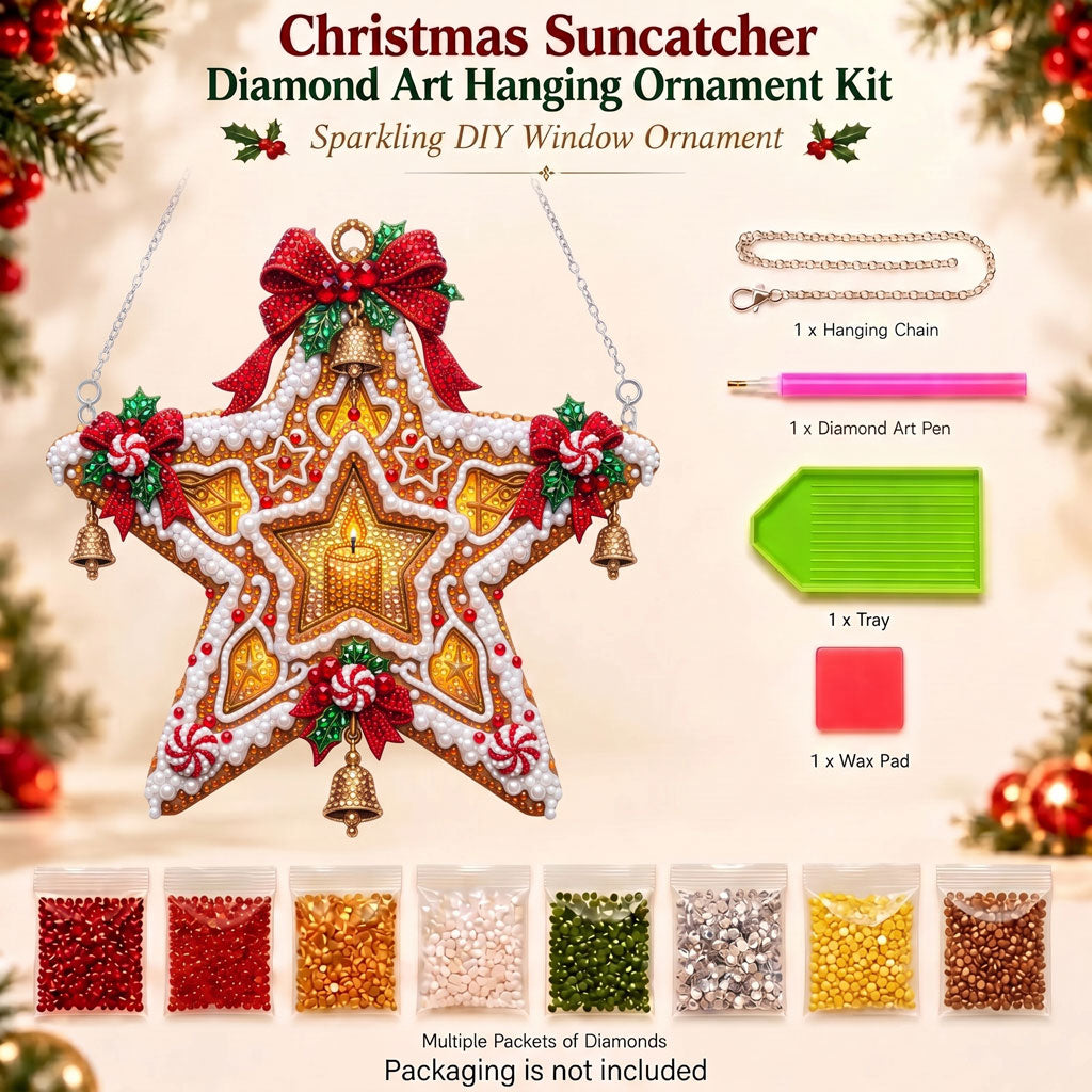 Gingerbread Christmas Star Diamond Art Ornament Kit – Sparkling DIY Holiday Window Ornament
