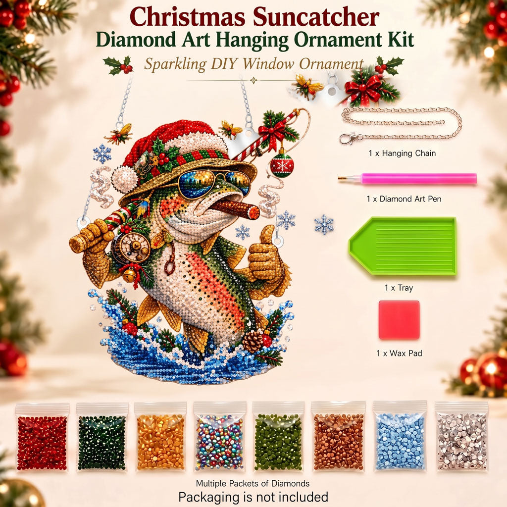 🔥 Limited Time 70% OFF - 🎣🎄 Christmas Fisherman Bass Diamond Art Ornament Kit – Sparkling DIY Holiday Door Hanger