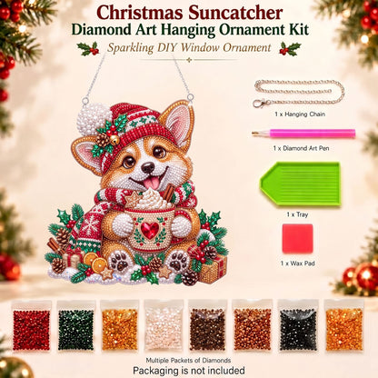 Christmas Corgi Cocoa Diamond Art Ornament Kit – Sparkling DIY Holiday Hanging Decor