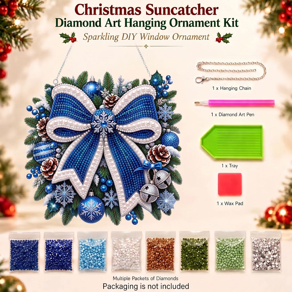 Winter Blue Bow Diamond Art Ornament Kit – Sparkling DIY Christmas Hanging Decor