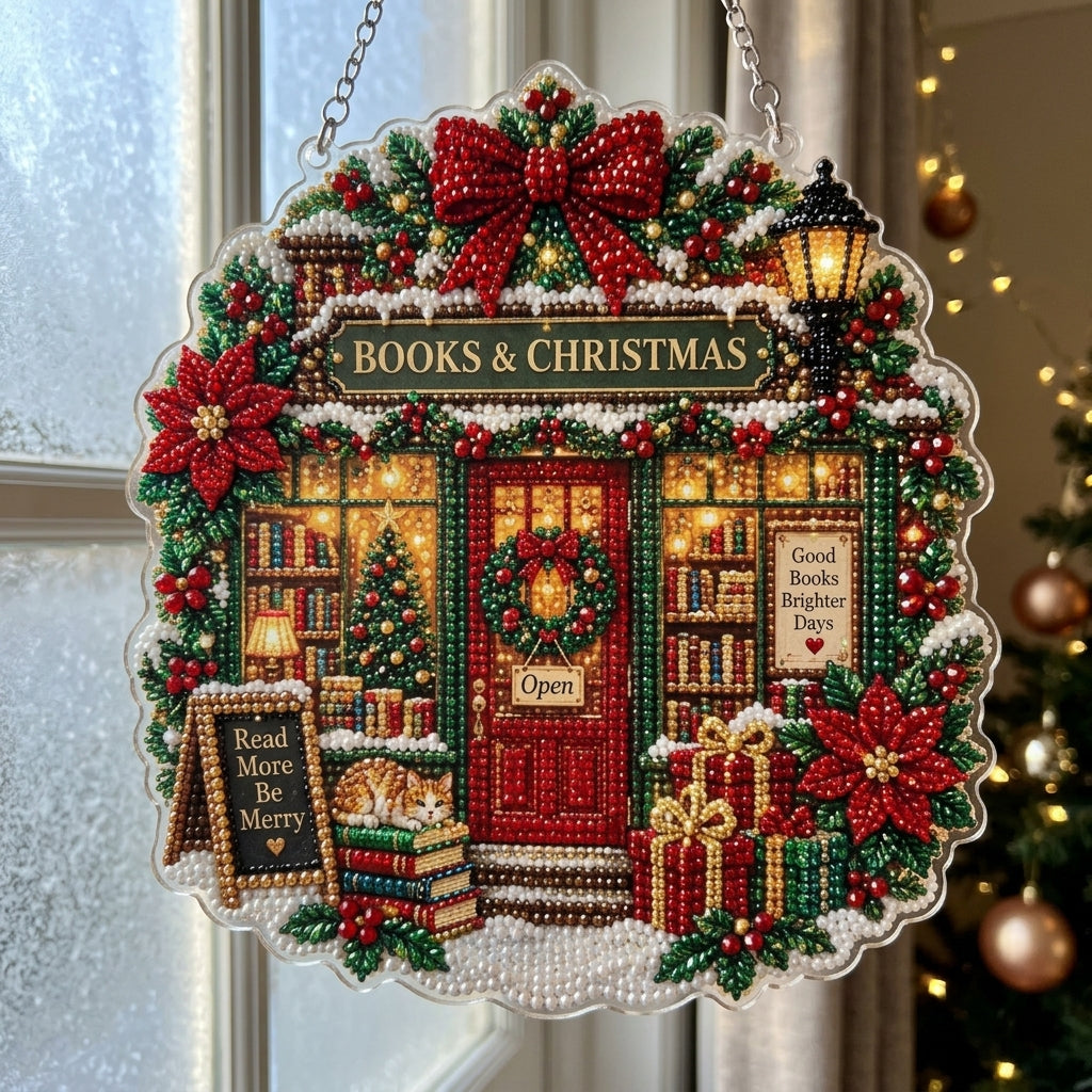 Bookstore Christmas Suncatcher Diamond Art Hanging Ornament Kit