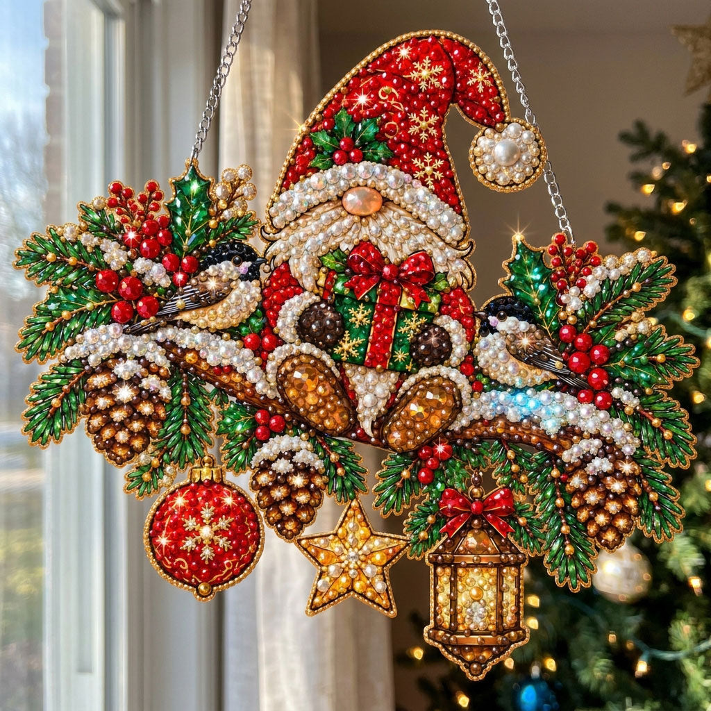 Christmas Gnome And Birds Diamond Art Hanging Ornament Kit