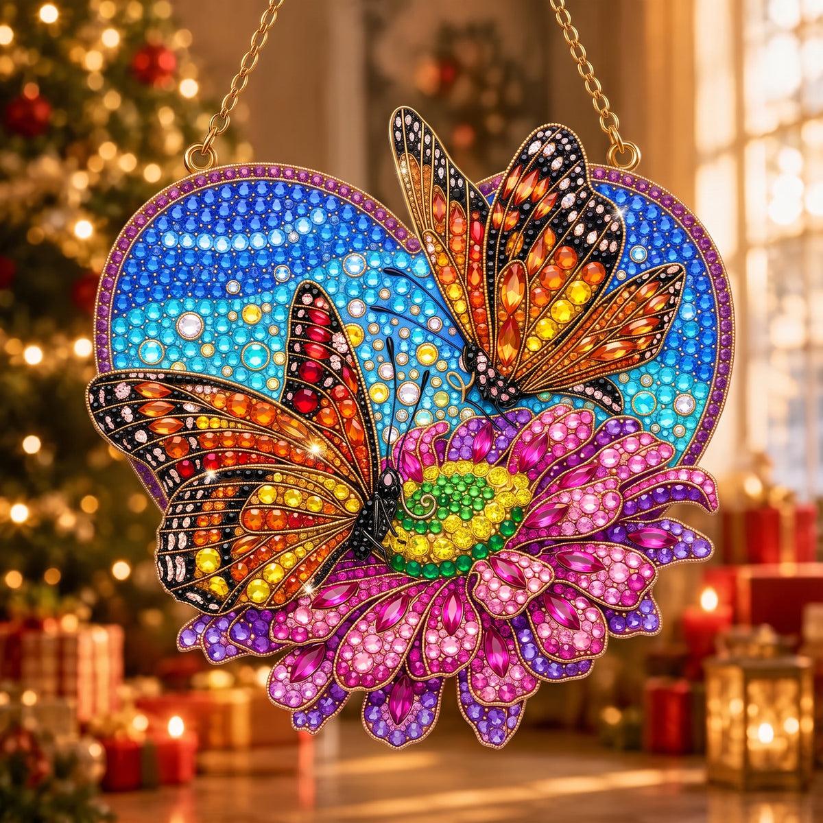 Colorful Butterfly & Pink Flower Diamond Art Hanging Ornament Kit