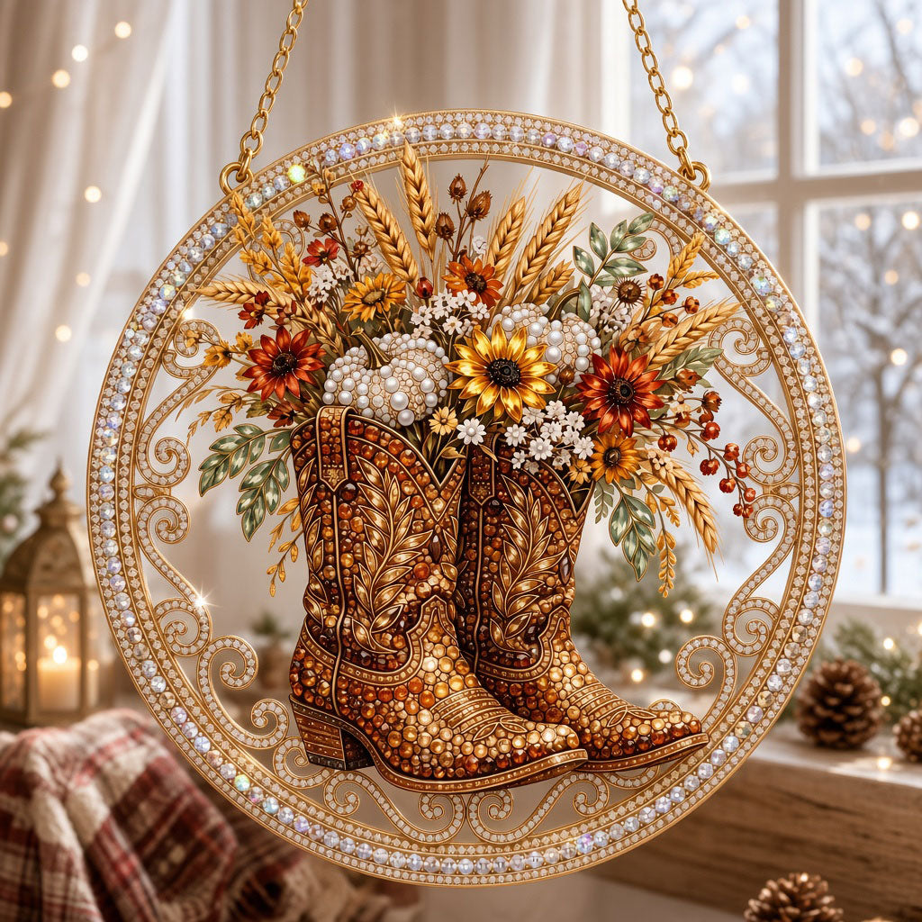 Western Cowboy Boots & Wildflowers Diamond Art Hanging Ornament Kit