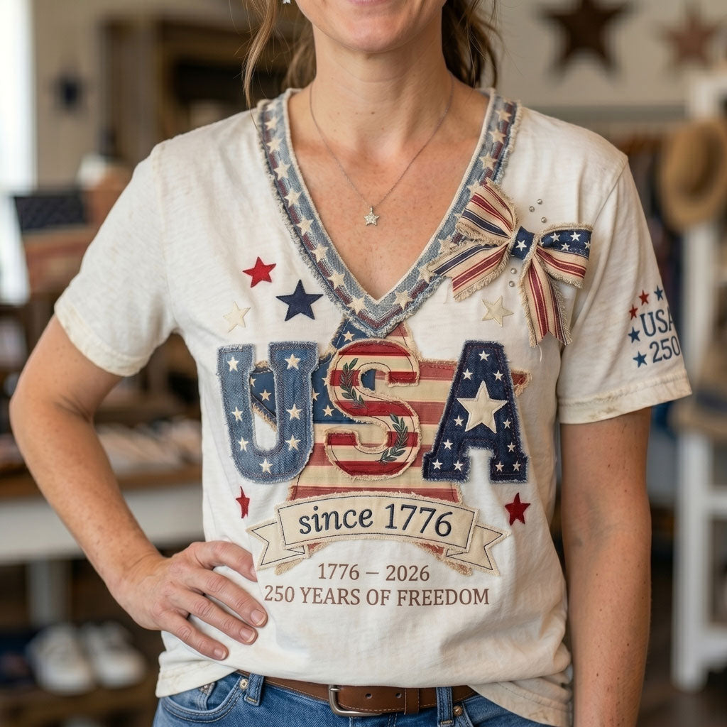 Vintage USA 250th Anniversary Patchwork WN2906005CL V-Neck T-Shirt