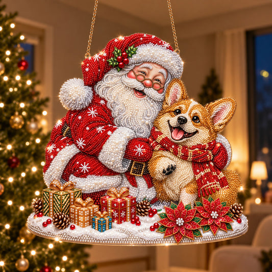 🎅🐶 Santa & Corgi Diamond Art Ornament Kit – Sparkling DIY Holiday Hanging Decor
