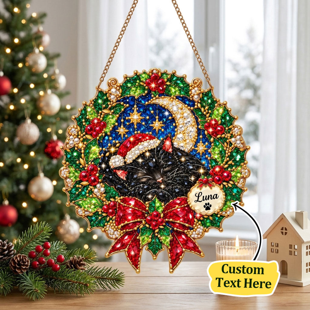 Personalized Christmas Moonlight Black Cat Diamond Art Hanging Ornament Kit