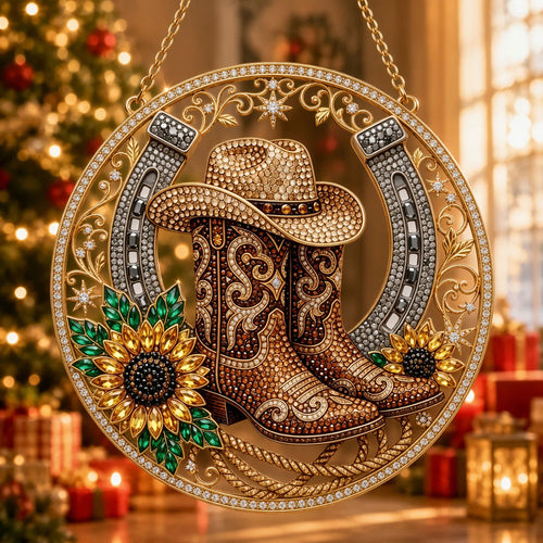 Western Cowboy Boots & Horseshoe Diamond Art Ornament Kit – Sparkling DIY Country Window Decor