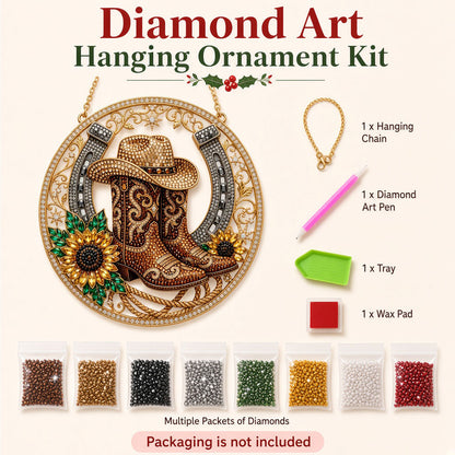 Western Cowboy Boots & Horseshoe Diamond Art Ornament Kit – Sparkling DIY Country Window Decor
