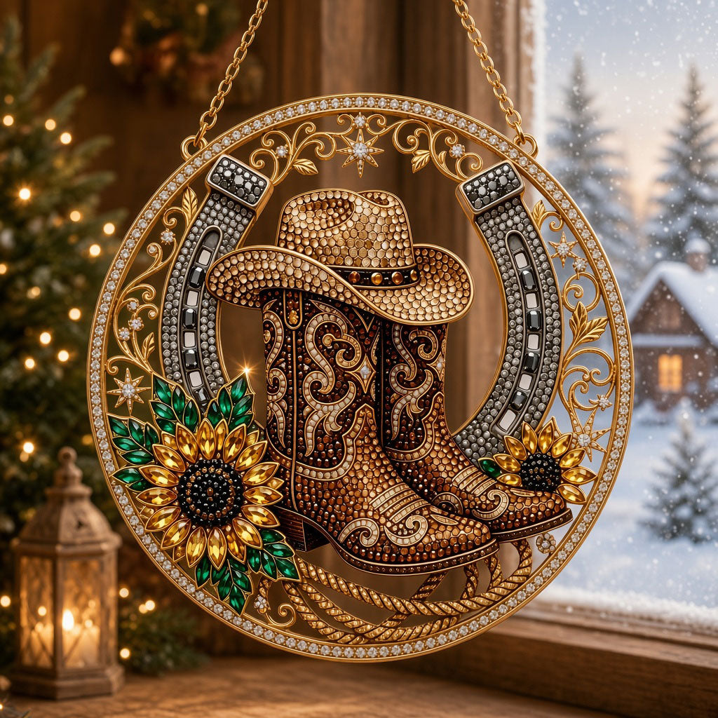 Western Cowboy Boots & Horseshoe Diamond Art Ornament Kit – Sparkling DIY Country Window Decor