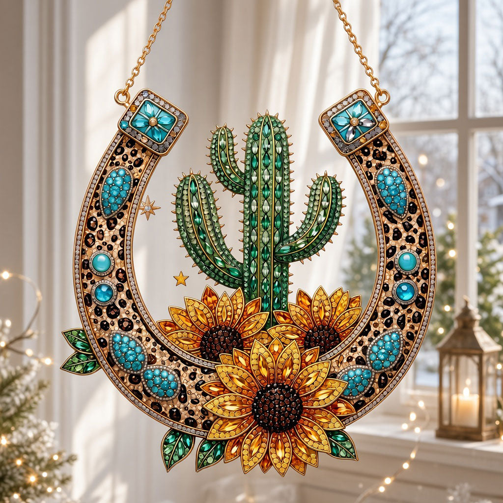 Western Cactus Sunflower Horseshoe Diamond Art Hanging Ornament Kit