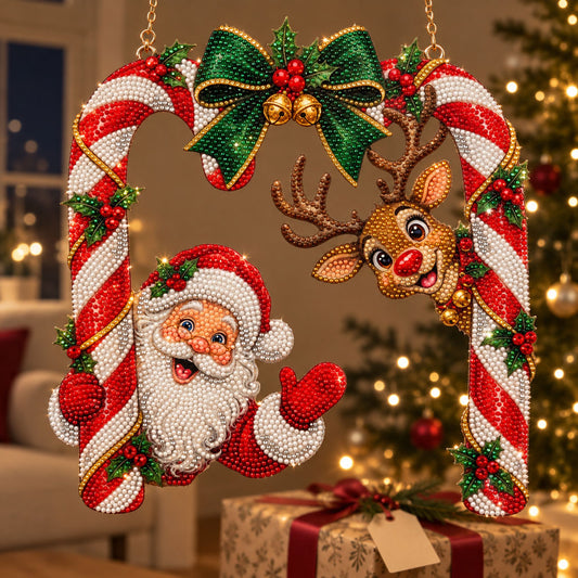Santa & Reindeer Candy Cane Diamond Art Ornament Kit – Sparkling DIY Holiday Hanging Decor