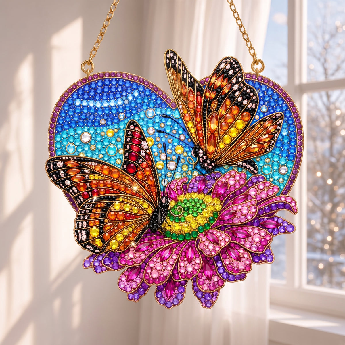 Colorful Butterfly & Pink Flower Diamond Art Hanging Ornament Kit