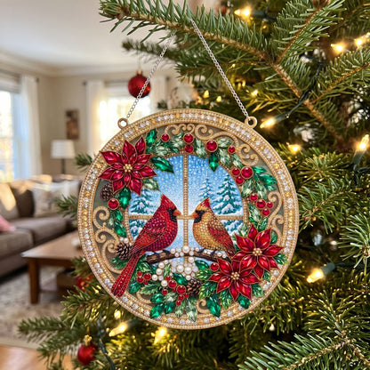 Christmas Cardinals & Poinsettias Diamond Art Hanging Ornament Kit