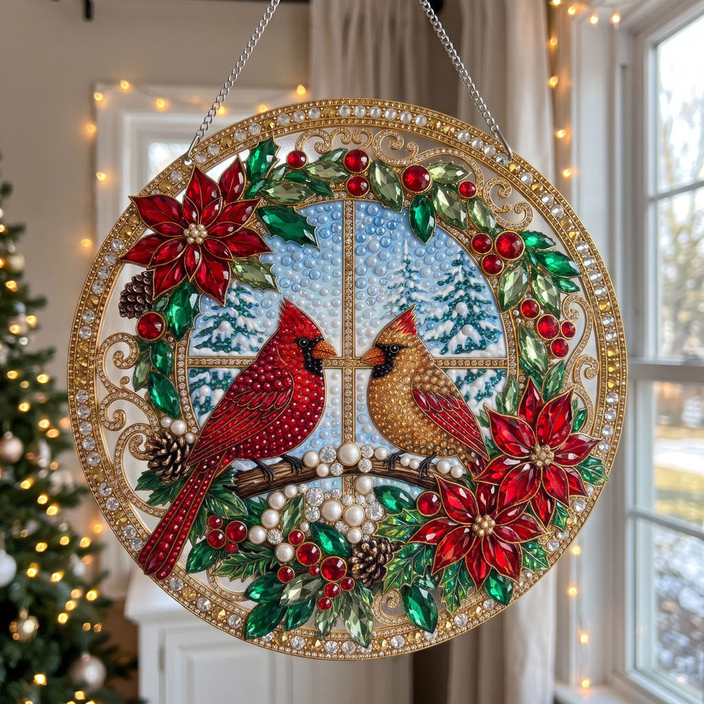 Christmas Cardinals & Poinsettias Diamond Art Hanging Ornament Kit