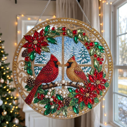 Christmas Cardinals & Poinsettias Diamond Art Hanging Ornament Kit
