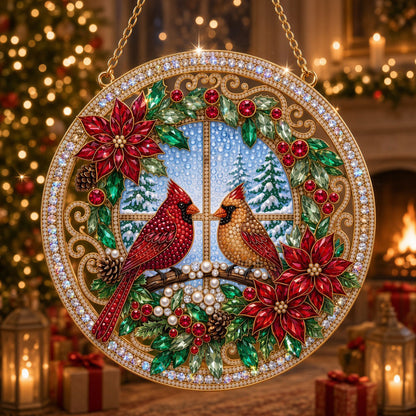 Christmas Cardinals & Poinsettias Diamond Art Hanging Ornament Kit