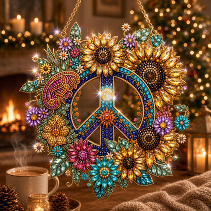 Hippie Peace & Sunflower Wreath Diamond Art Hanging Ornament Kit