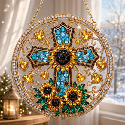 Sunflower Cross & Golden Hearts Diamond Art Hanging Ornament Kit