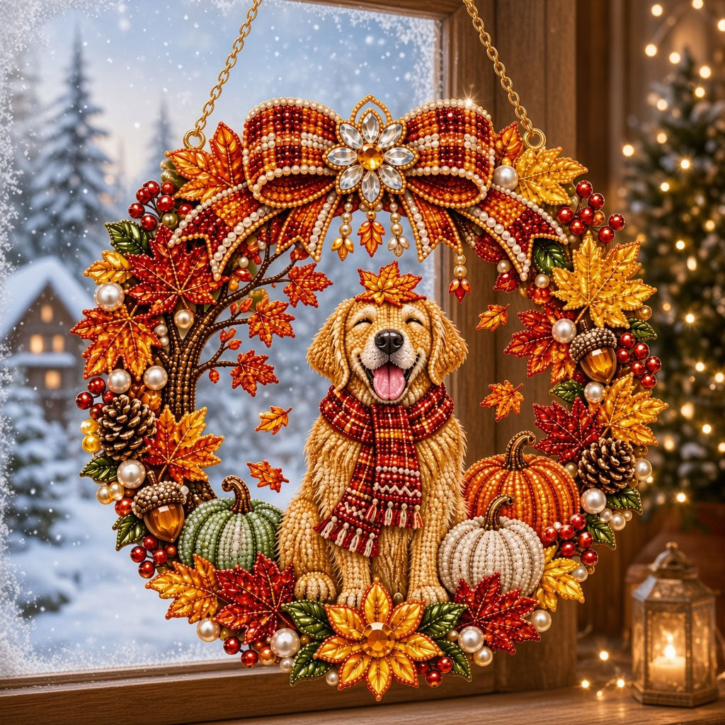Happy Golden Retriever Fall Diamond Art Hanging Ornament Kit