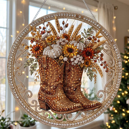 Western Cowboy Boots & Wildflowers Diamond Art Hanging Ornament Kit
