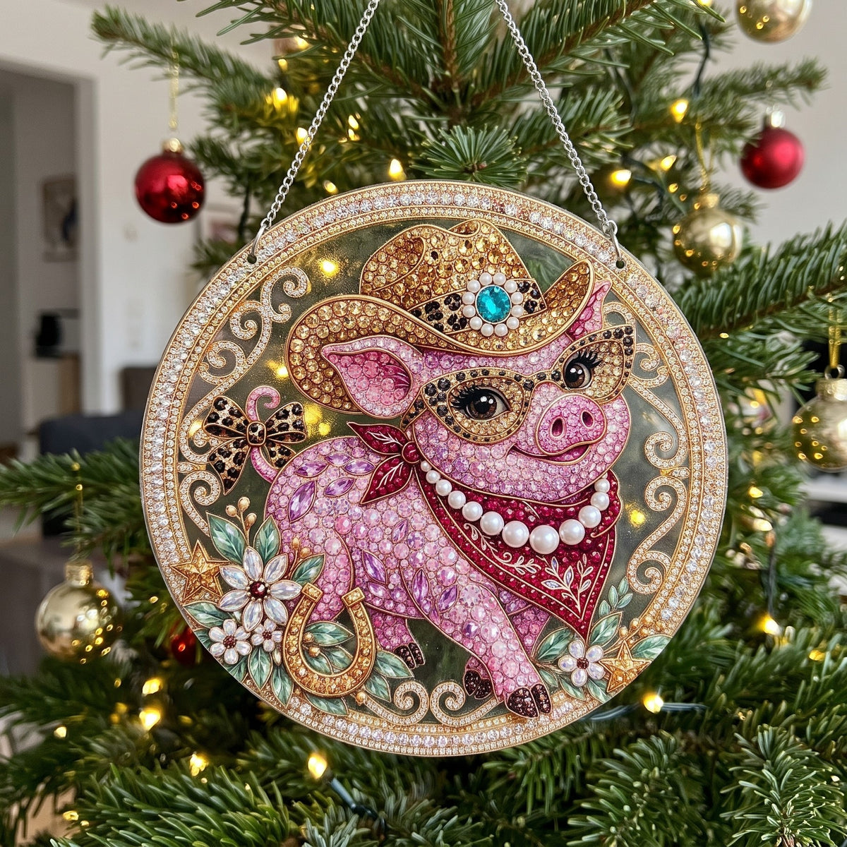 Western Cowgirl Pig Diamond Art Hanging Ornament Kit