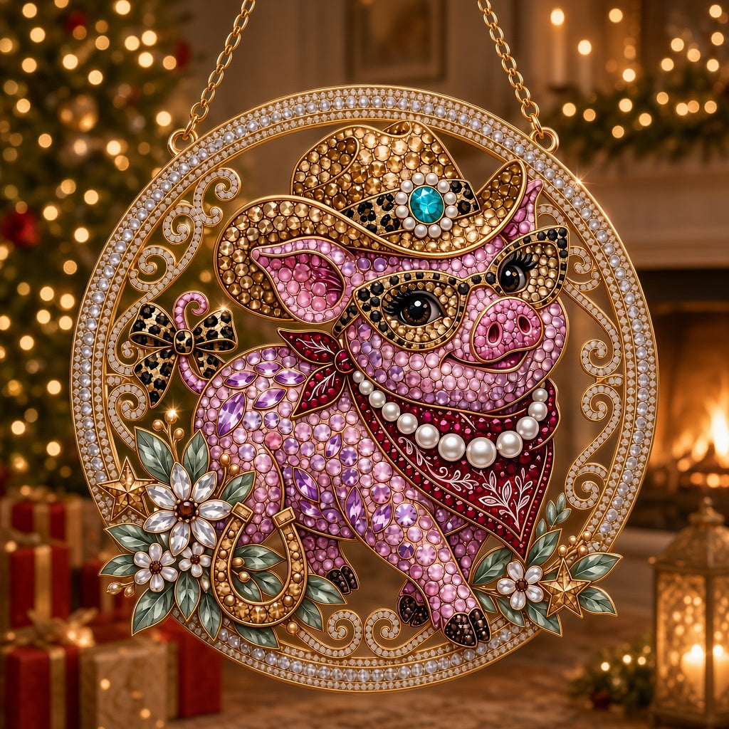 Western Cowgirl Pig Diamond Art Hanging Ornament Kit