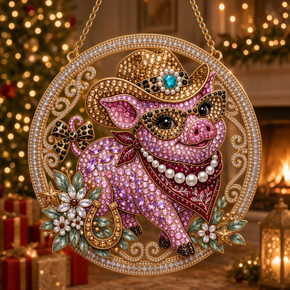 Western Cowgirl Pig Diamond Art Hanging Ornament Kit