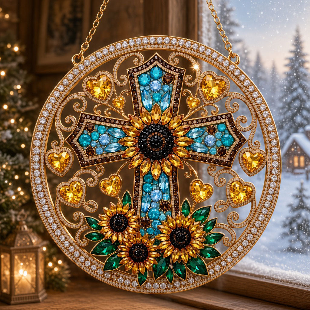 Sunflower Cross & Golden Hearts Diamond Art Hanging Ornament Kit